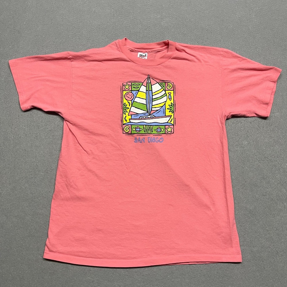 VTG Lance Headlee T-Shirt Mens XL Pink  San Diego Sailboat Graphic Anvil Tag USA